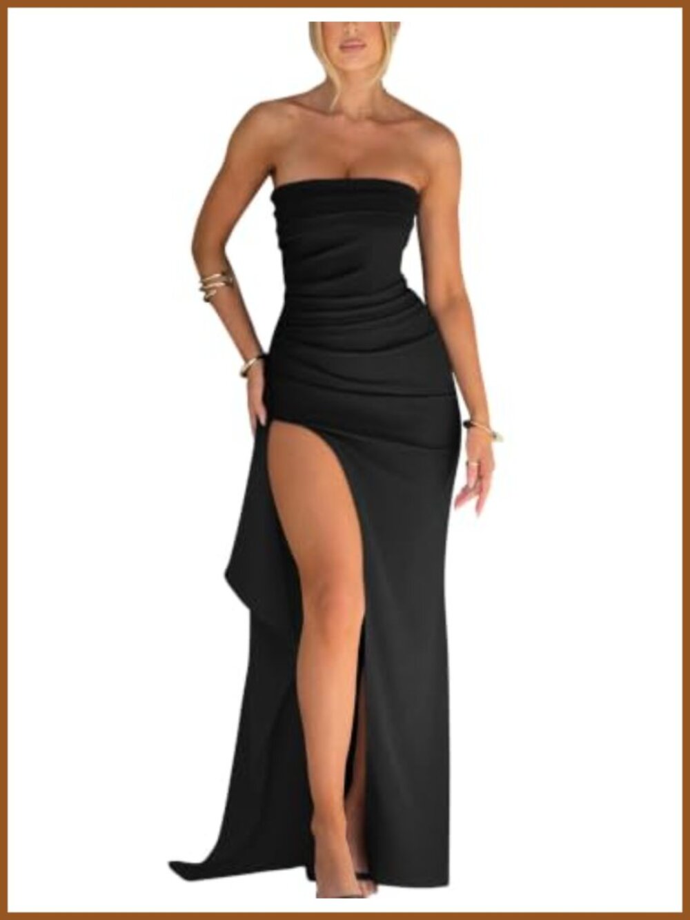 Strapless Bodycon Ruched High Slit Long Evening Gown Formal Dress